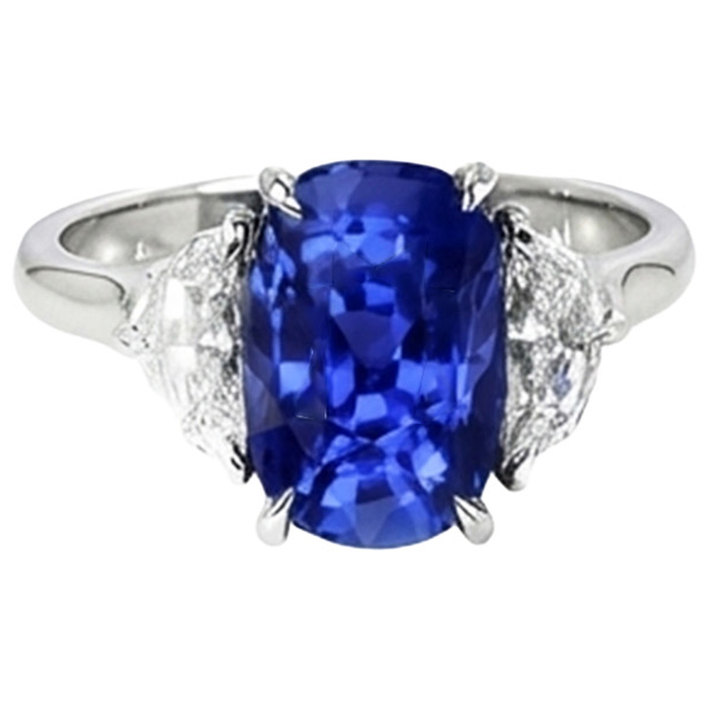 Anello di fidanzamento con tre pietre di diamanti e zaffiro blu. oro 8 carati 14K