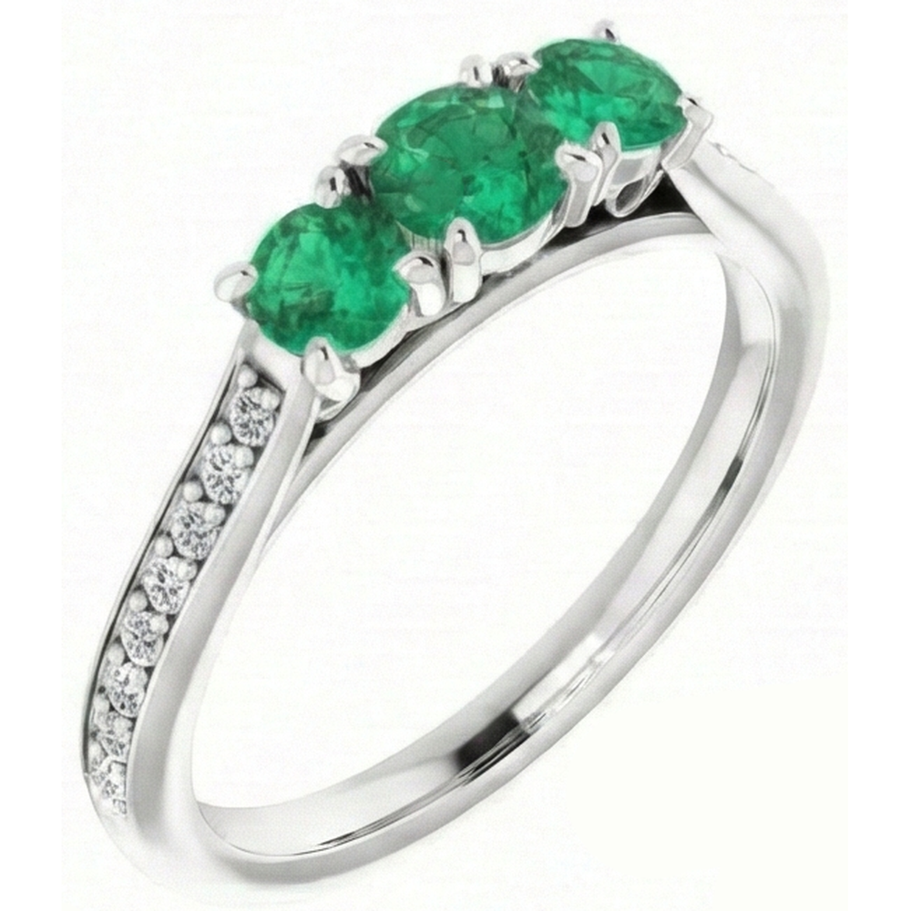Anello di fidanzamento con tre pietre in stile diamante e Verde smeraldo 1.10 carati