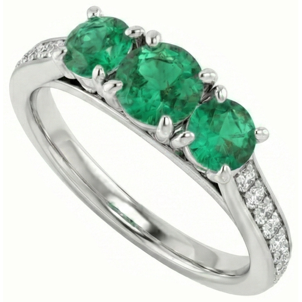Anello di fidanzamento con tre pietre in stile diamante e Verde smeraldo 1.10 carati