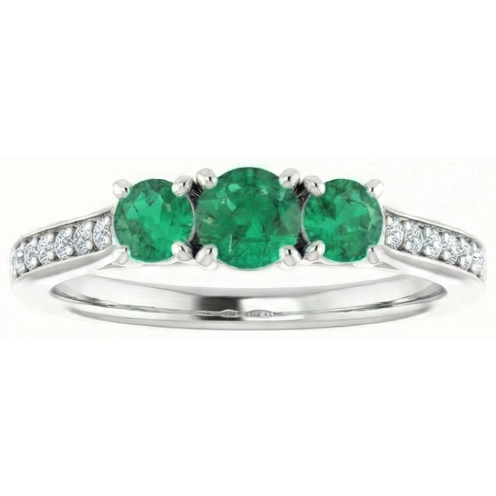Anello di fidanzamento con tre pietre in stile diamante e Verde smeraldo 1.10 carati