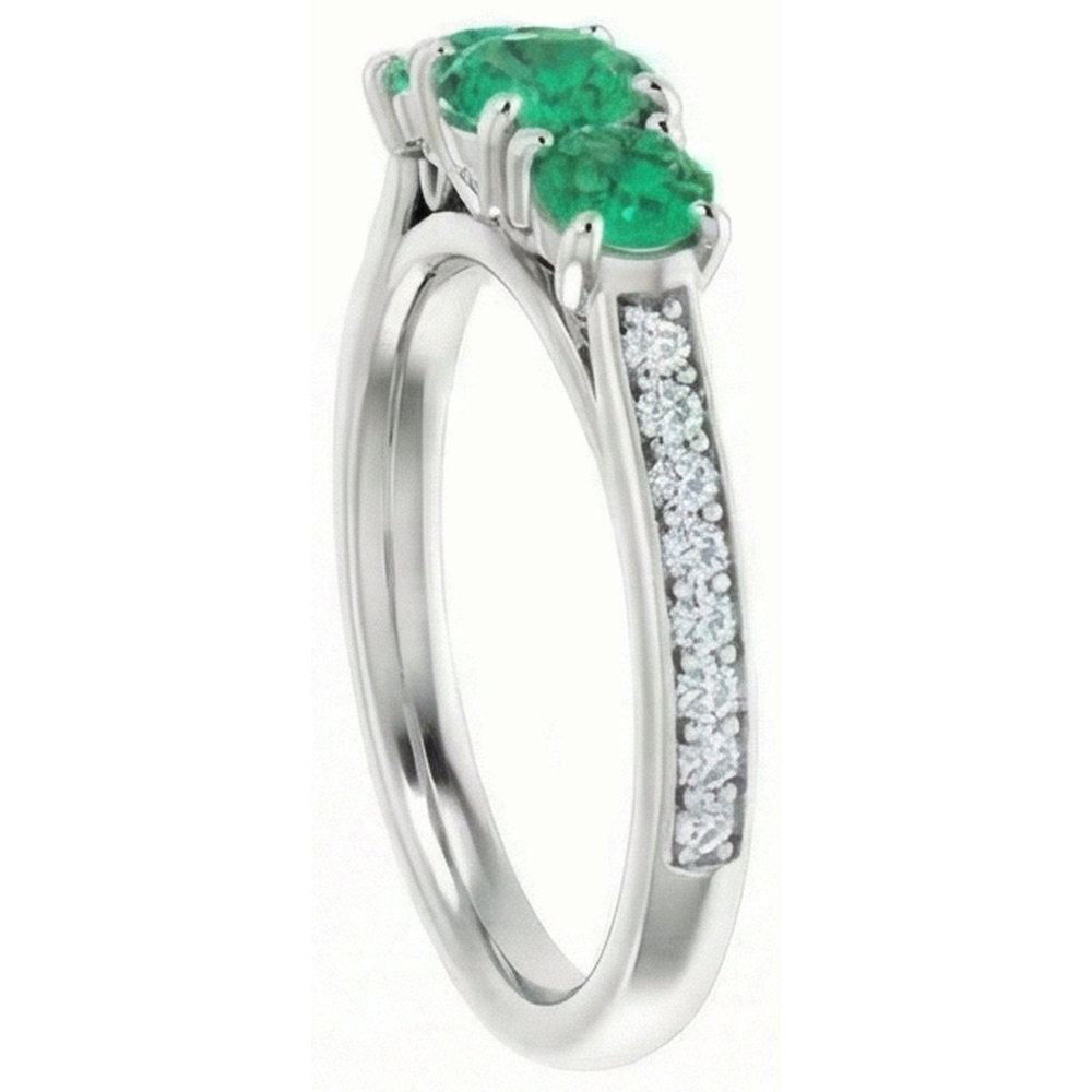 Anello di fidanzamento con tre pietre in stile diamante e Verde smeraldo 1.10 carati