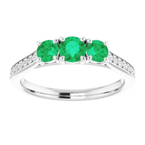  di fidanzamento con tre pietre in stile diamante e Verde smeraldo 1.10 carati