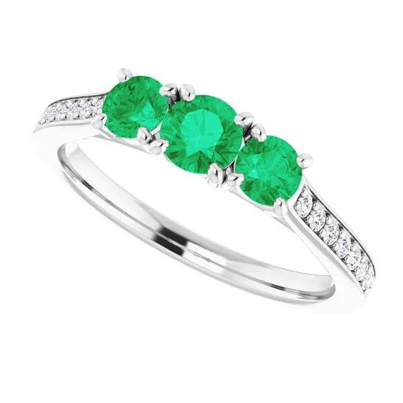  fidanzamento con tre pietre in stile diamante e Verde smeraldo 1.10 carati