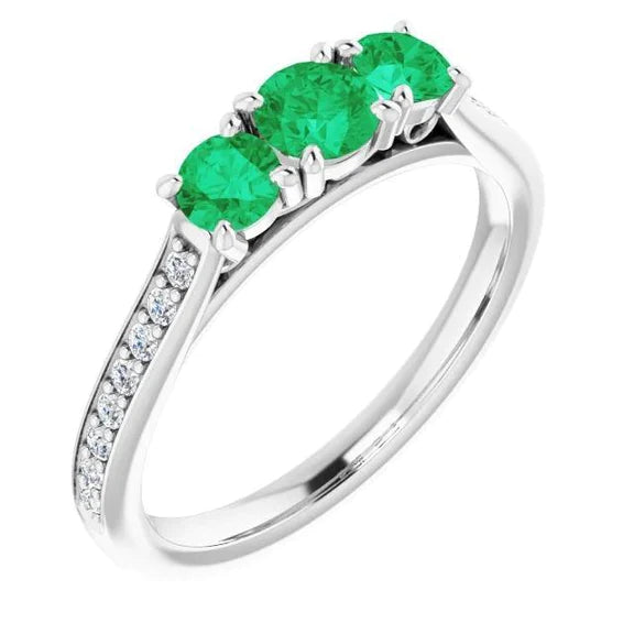 Anello di fidanzamento con tre pietre in stile diamante e Verde smeraldo 1.10 carati