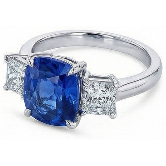 Anello di fidanzamento con zaffiro Cushion 4 carati e diamanti in oro bianco 14K