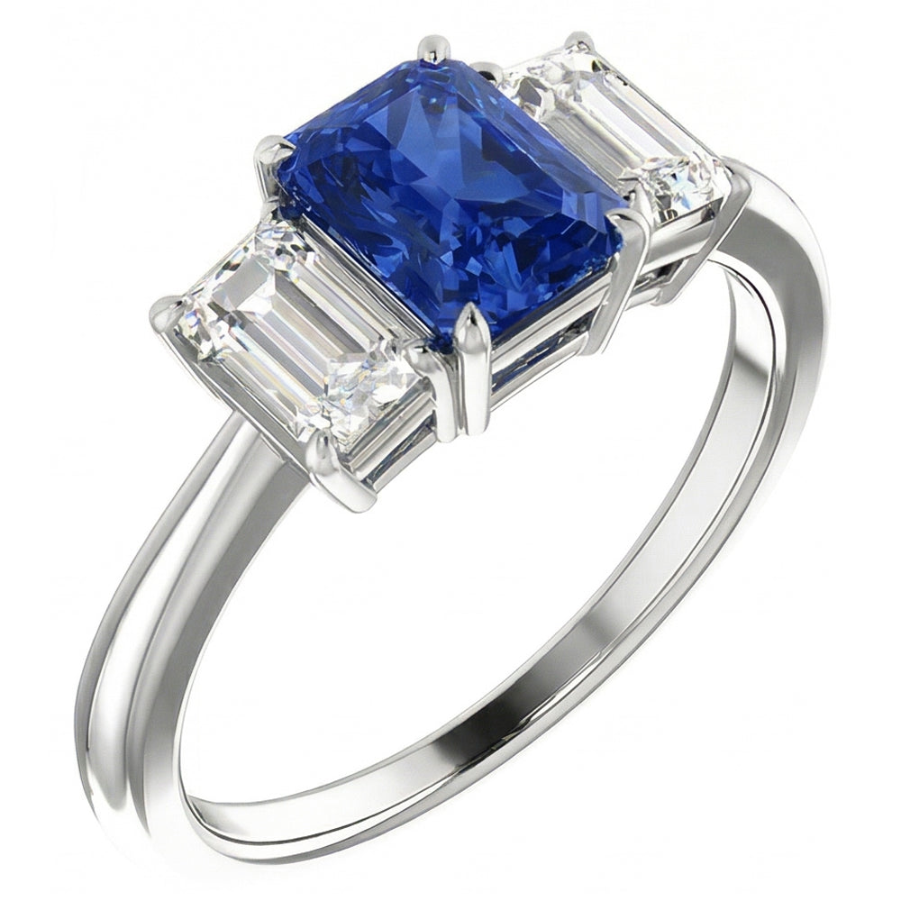 Anello di fidanzamento con zaffiro blu 3 pietre 2 carati diamanti taglio smeraldo