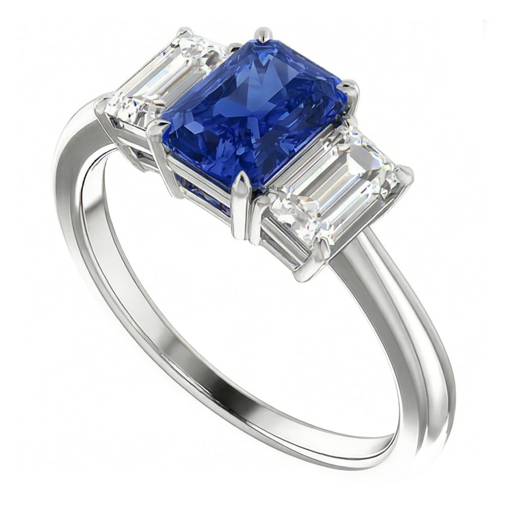 Anello di fidanzamento con zaffiro blu 3 pietre 2 carati diamanti taglio smeraldo