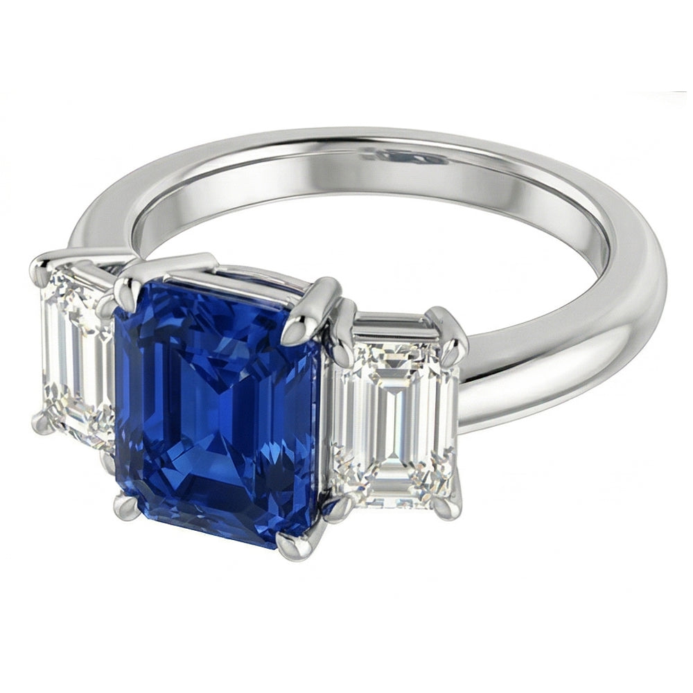 Anello di fidanzamento con zaffiro blu 3 pietre 2 carati diamanti taglio smeraldo
