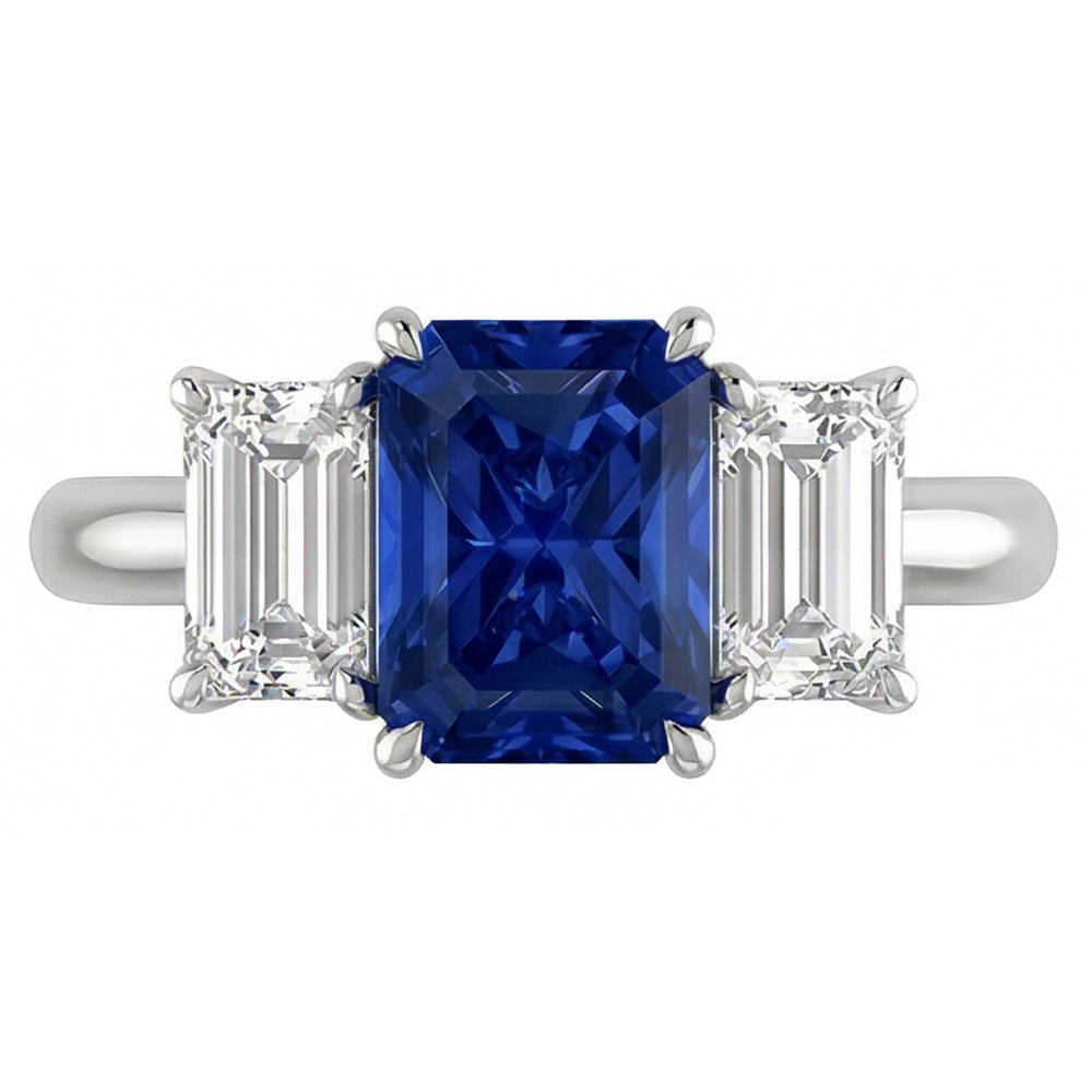 Anello di fidanzamento con zaffiro blu 3 pietre 2 carati diamanti taglio smeraldo