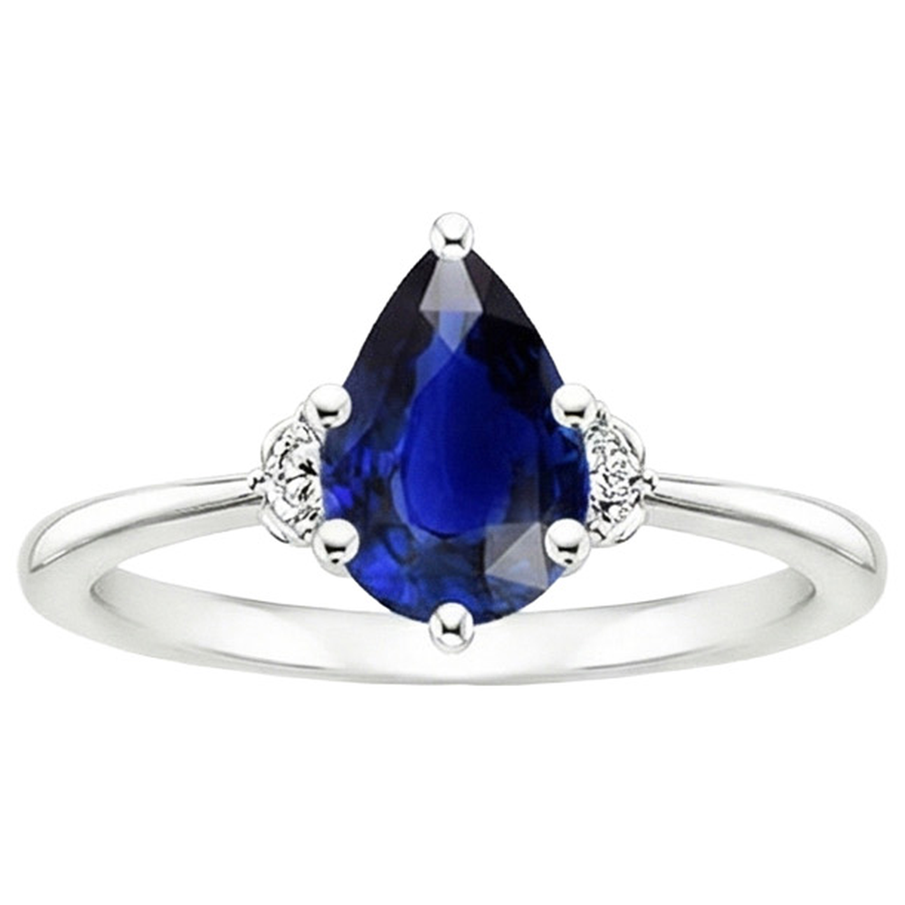 Anello di fidanzamento con zaffiro blu 3 pietre diamante taglio a pera 3.50 carati