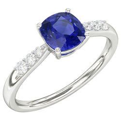 Anello di fidanzamento con zaffiro blu cuscino 2 carati e diamante in oro bianco 14K