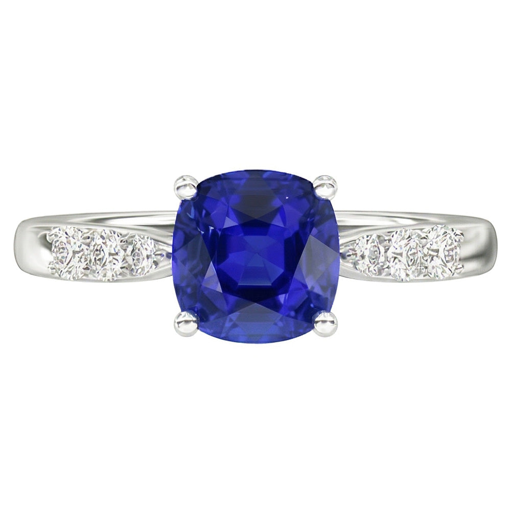 Anello di fidanzamento con zaffiro blu cuscino 2 carati e diamante in oro bianco 14K