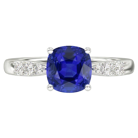 Anello di fidanzamento con zaffiro blu cuscino 2 carati e diamante in oro bianco 14K