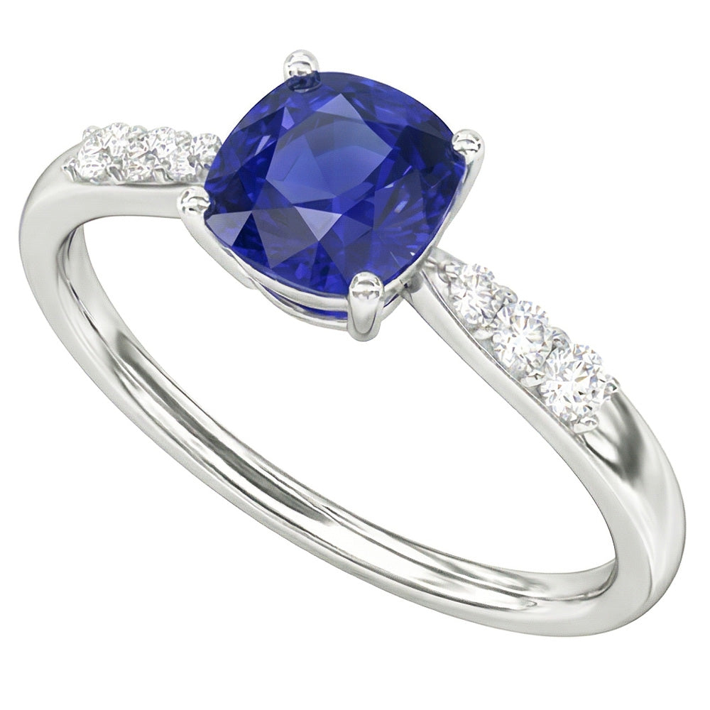 Anello di fidanzamento con zaffiro blu cuscino 2 carati e diamante in oro bianco 14K