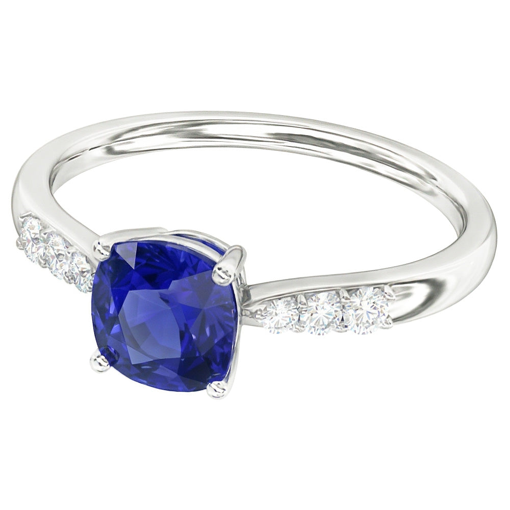 Anello di fidanzamento con zaffiro blu cuscino 2 carati e diamante in oro bianco 14K