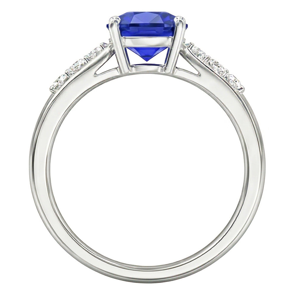 Anello di fidanzamento con zaffiro blu cuscino 2 carati e diamante in oro bianco 14K