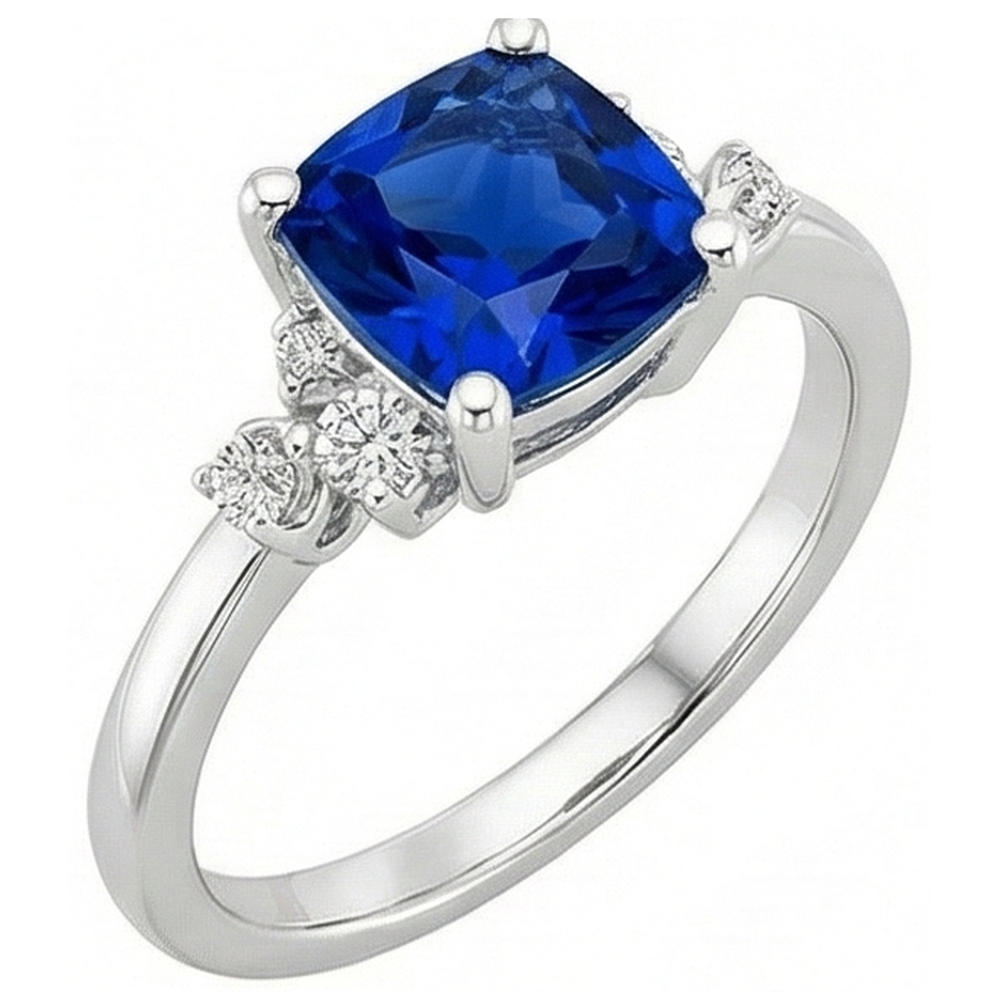 Anello di fidanzamento con zaffiro blu cuscino e diamanti. oro bianco 2.50 carati