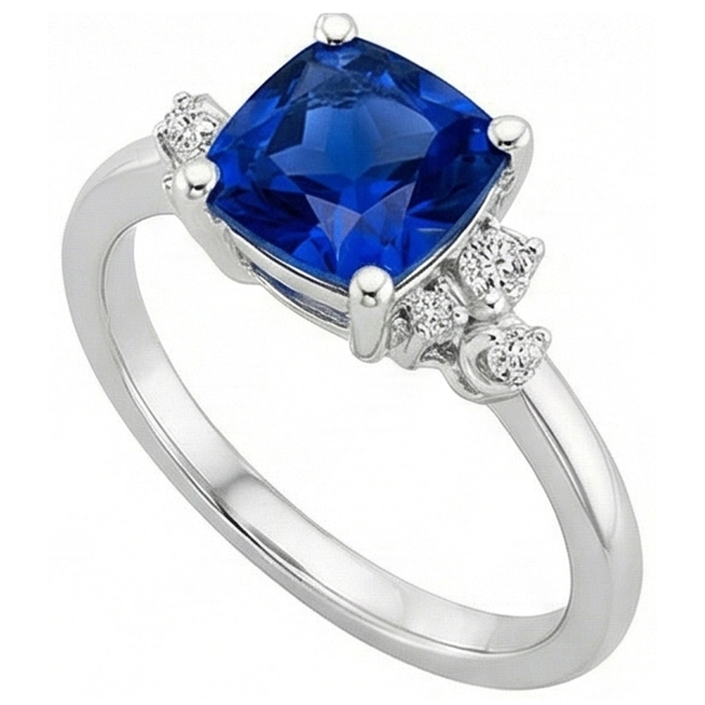 Anello di fidanzamento con zaffiro blu cuscino e diamanti. oro bianco 2.50 carati
