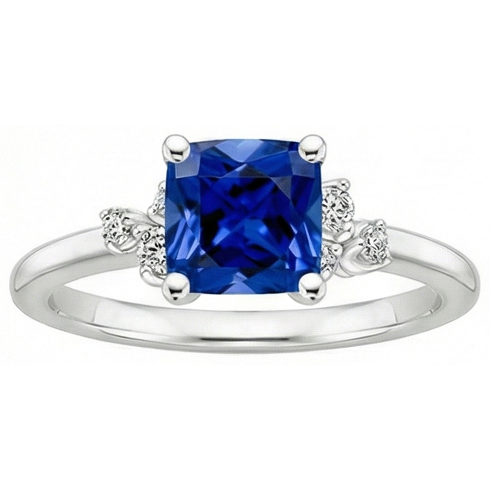 Anello di fidanzamento con zaffiro blu cuscino e diamanti. oro bianco 2.50 carati