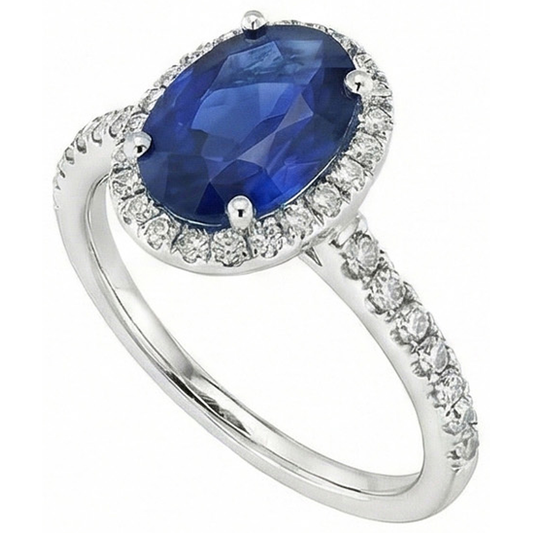 Anello di fidanzamento con zaffiro blu e diamante Halo 2,25 carati oro 14K
