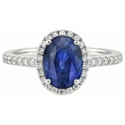 Anello di fidanzamento con zaffiro blu e diamante Halo 2,25 carati oro 14K