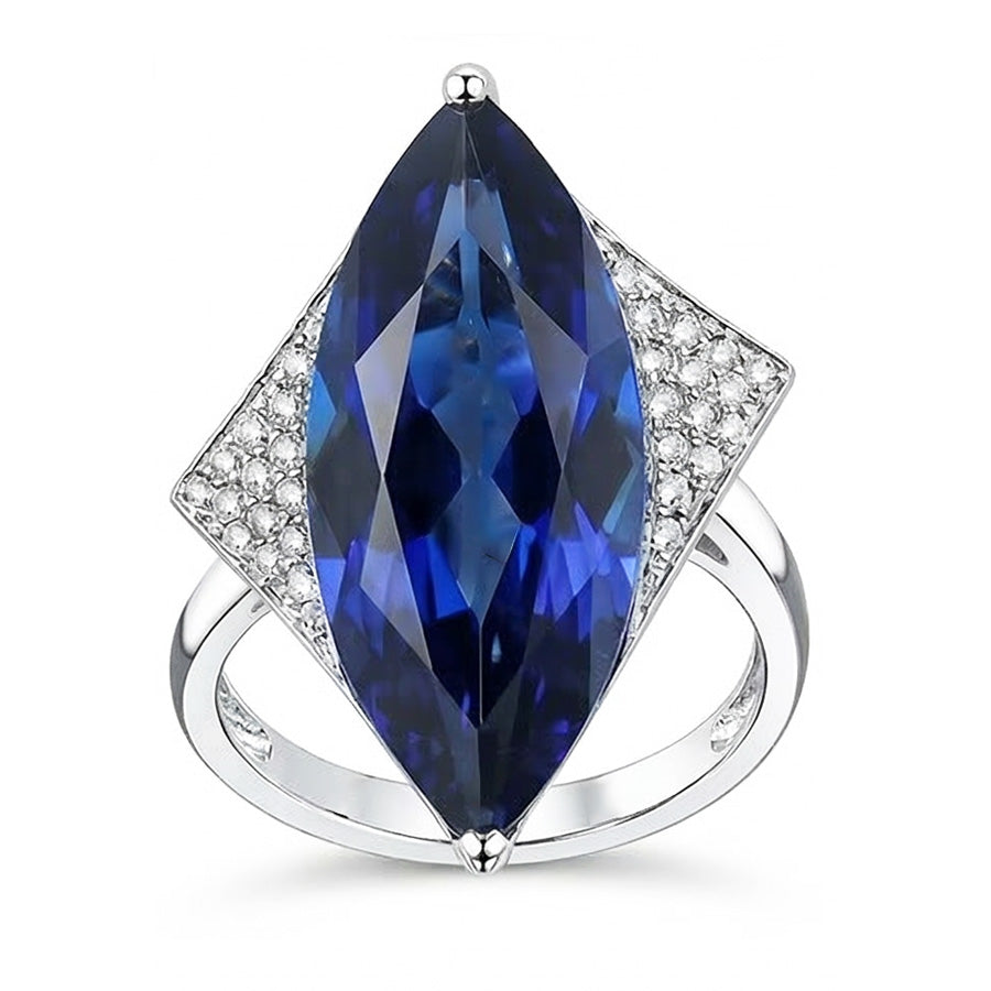 Anello di fidanzamento con zaffiro blu marchesa e piccoli diamanti 5.50 carati