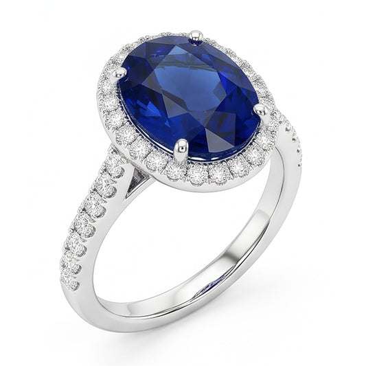 Anello di fidanzamento con zaffiro blu ovale da 2,90 carati e diamante rotondo WG 14K