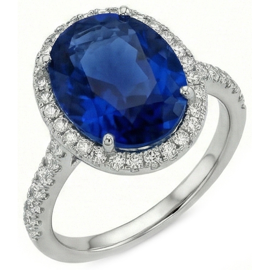 Anello di fidanzamento con zaffiro blu ovale da 2,90 carati e diamante rotondo WG 14K