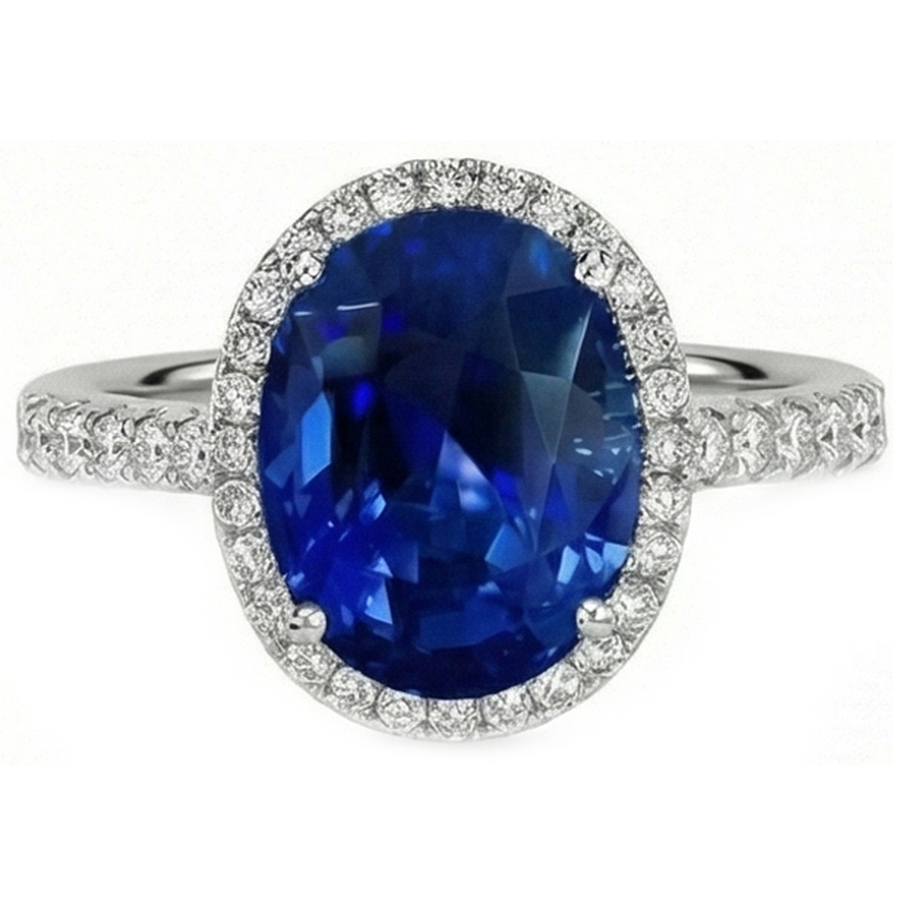 Anello di fidanzamento con zaffiro blu ovale da 2,90 carati e diamante rotondo WG 14K