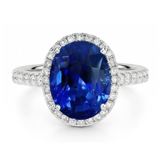 Anello di fidanzamento con zaffiro blu ovale da 2,90 carati e diamante rotondo WG 14K