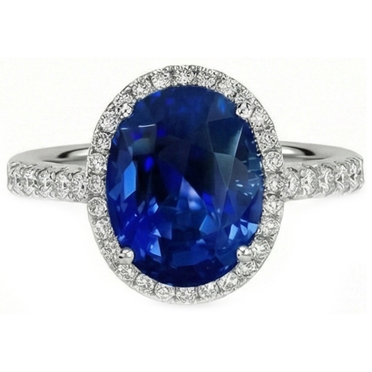 Anello di fidanzamento con zaffiro blu ovale da 2,90 carati e diamante rotondo WG 14K
