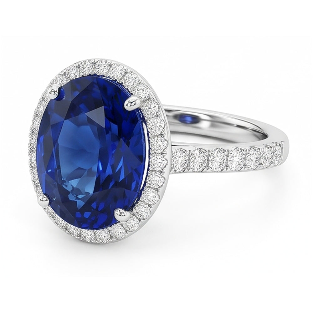 Anello di fidanzamento con zaffiro blu ovale da 2,90 carati e diamante rotondo WG 14K