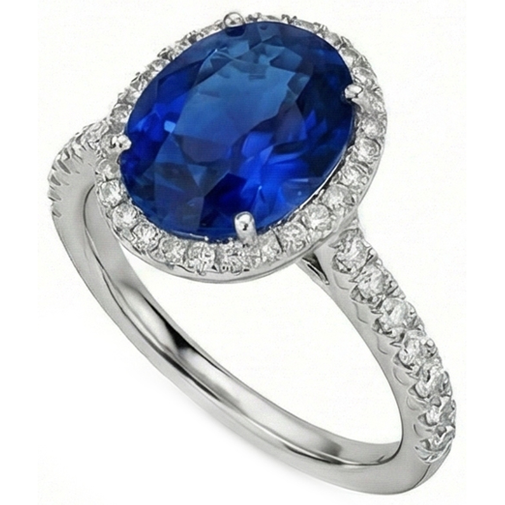 Anello di fidanzamento con zaffiro blu ovale da 2,90 carati e diamante rotondo WG 14K