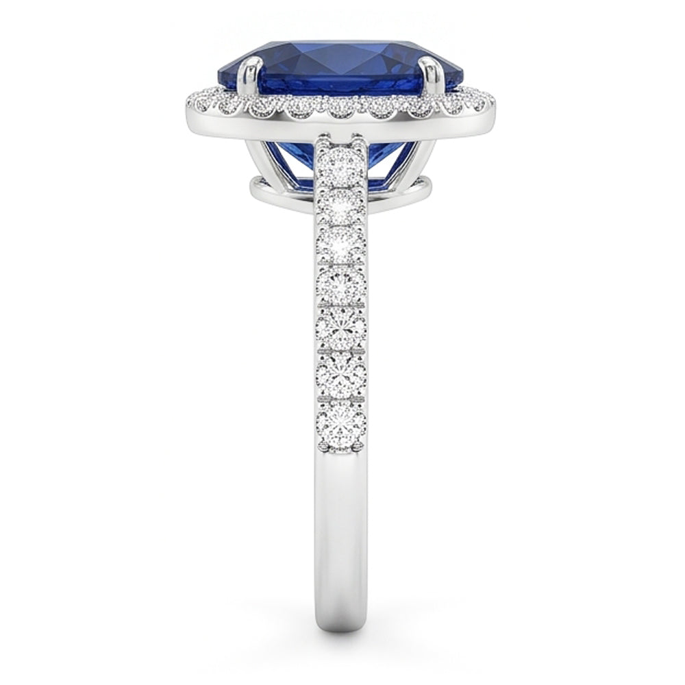 Anello di fidanzamento con zaffiro blu ovale da 2,90 carati e diamante rotondo WG 14K
