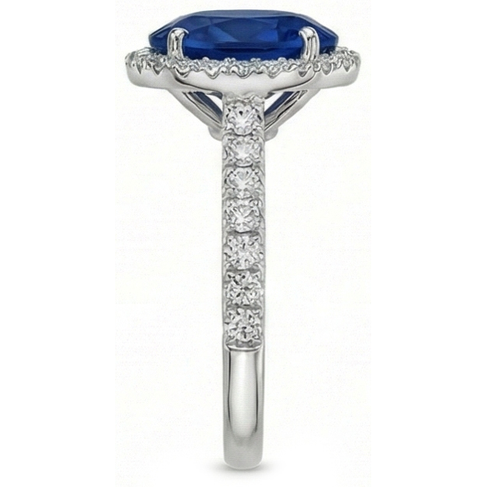 Anello di fidanzamento con zaffiro blu ovale da 2,90 carati e diamante rotondo WG 14K