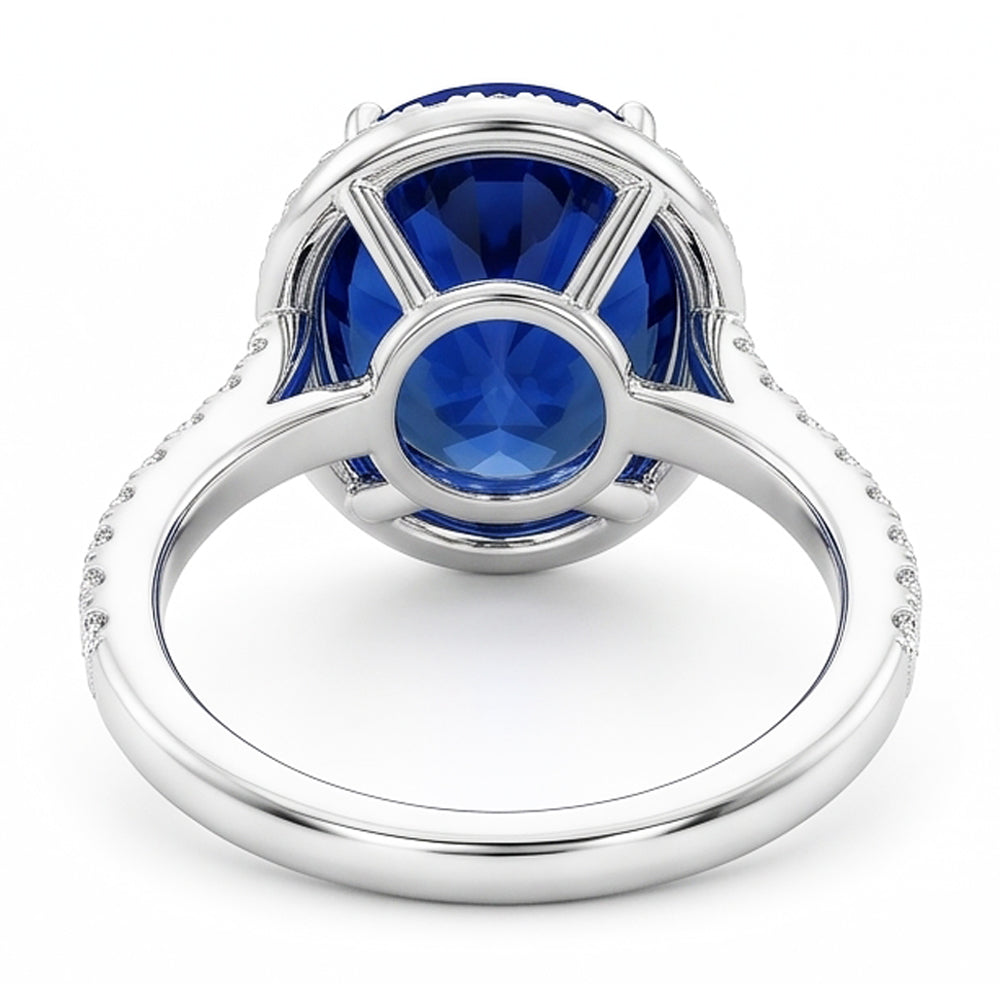 Anello di fidanzamento con zaffiro blu ovale da 2,90 carati e diamante rotondo WG 14K