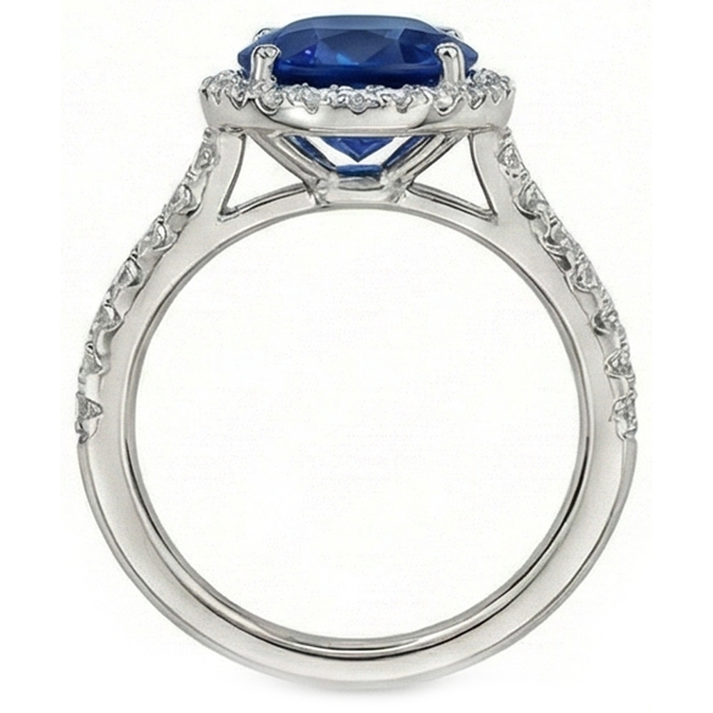 Anello di fidanzamento con zaffiro blu ovale da 2,90 carati e diamante rotondo WG 14K