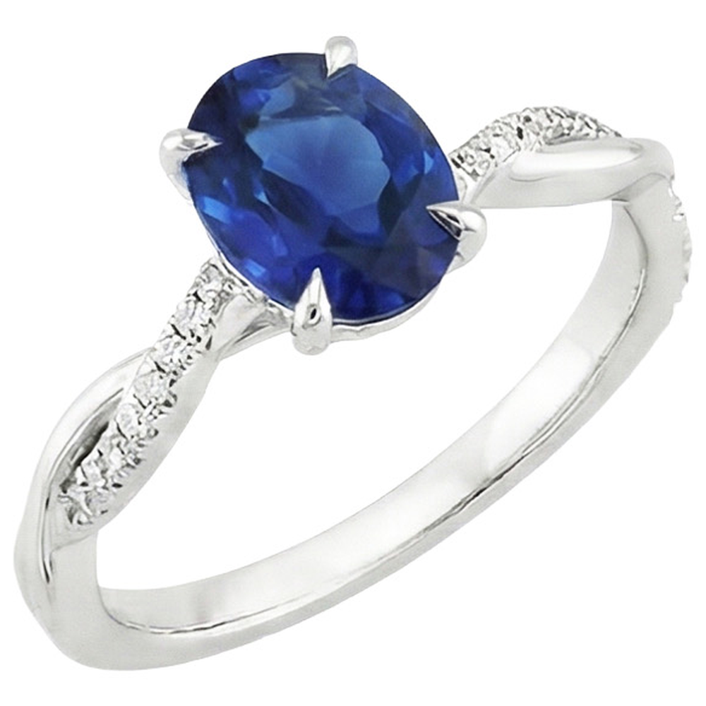 Anello di fidanzamento con zaffiro blu ovale. diamante. gambo intrecciato. 6 carati