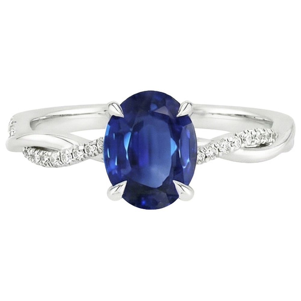 Anello di fidanzamento con zaffiro blu ovale. diamante. gambo intrecciato. 6 carati