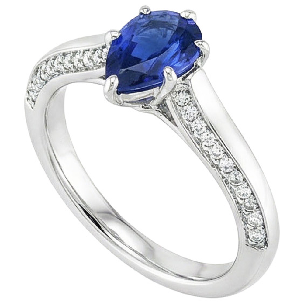Anello di fidanzamento con zaffiro blu pera in oro bianco 4.50 carati