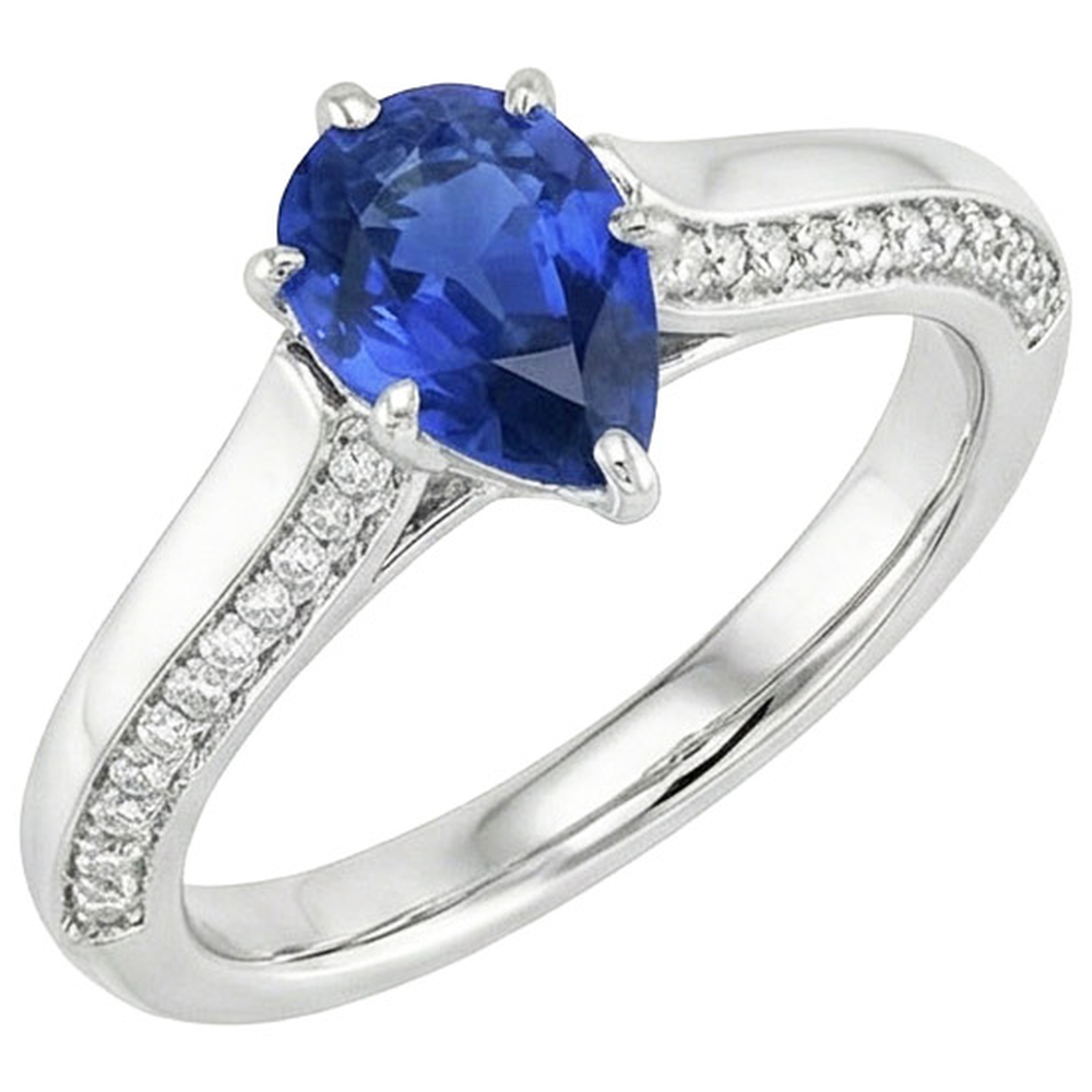 Anello di fidanzamento con zaffiro blu pera in oro bianco 4.50 carati