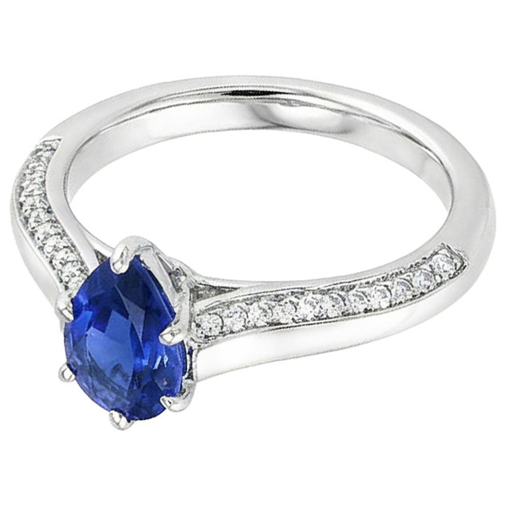Anello di fidanzamento con zaffiro blu pera in oro bianco 4.50 carati