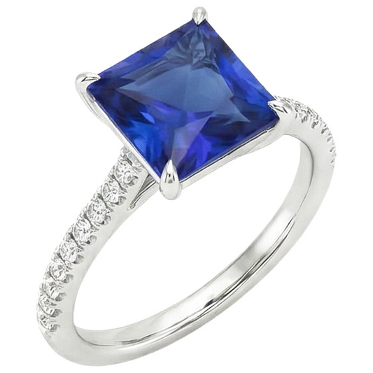 Anello di fidanzamento con zaffiro blu principessa e accenti di diamanti 6 carati