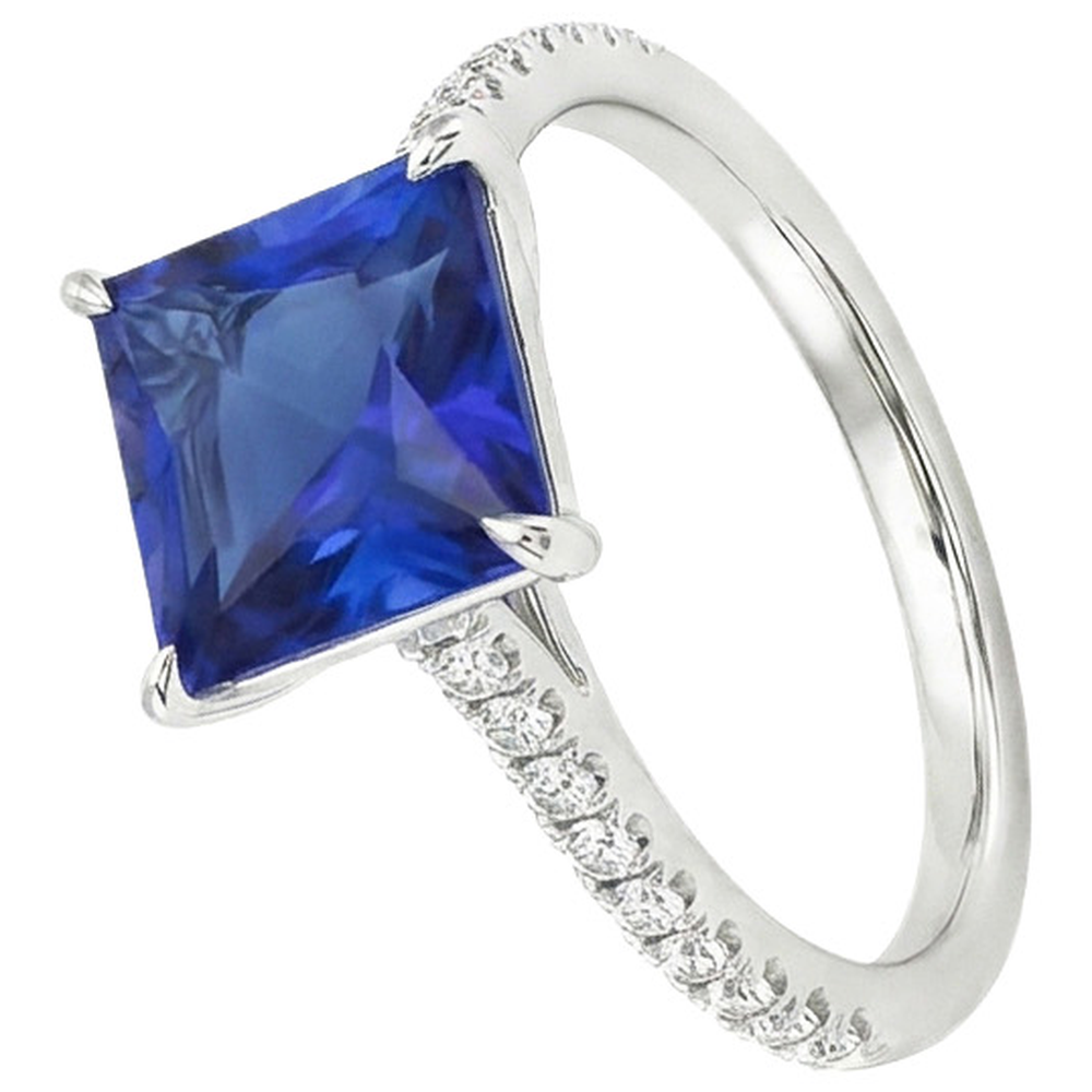Anello di fidanzamento con zaffiro blu principessa e accenti di diamanti 6 carati