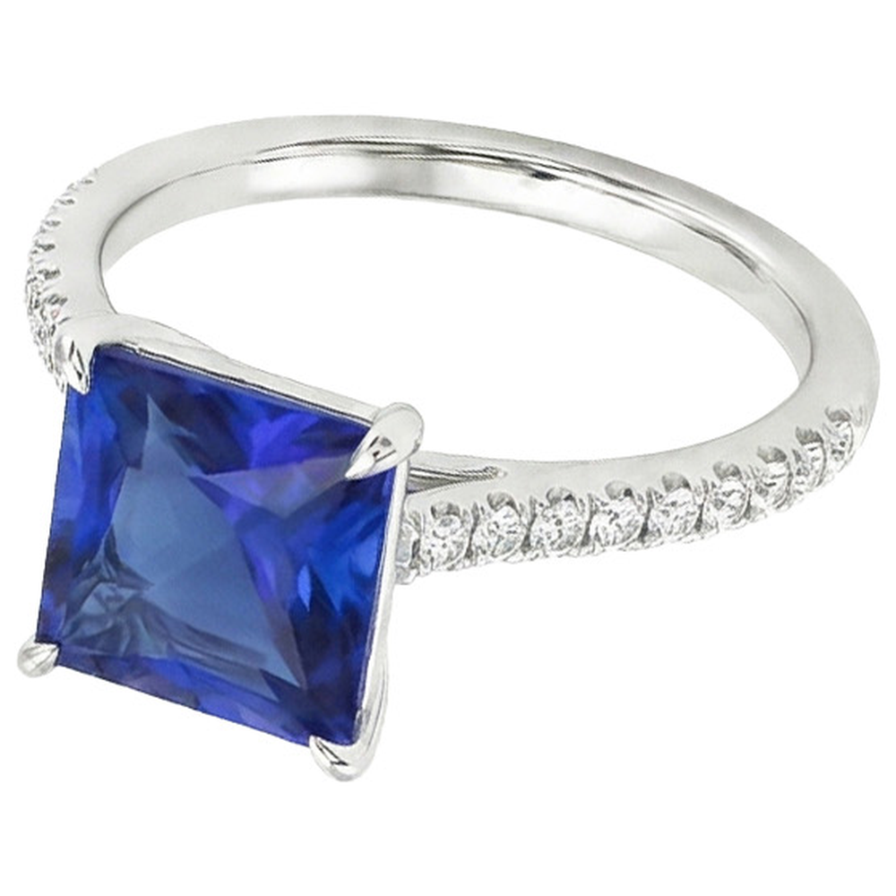 Anello di fidanzamento con zaffiro blu principessa e accenti di diamanti 6 carati