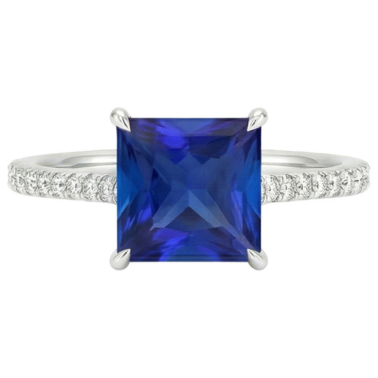 Anello di fidanzamento con zaffiro blu principessa e accenti di diamanti 6 carati