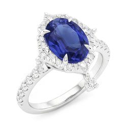 Anello di fidanzamento con zaffiro di Ceylon Halo taglio ovale 5.50 carati oro bianco