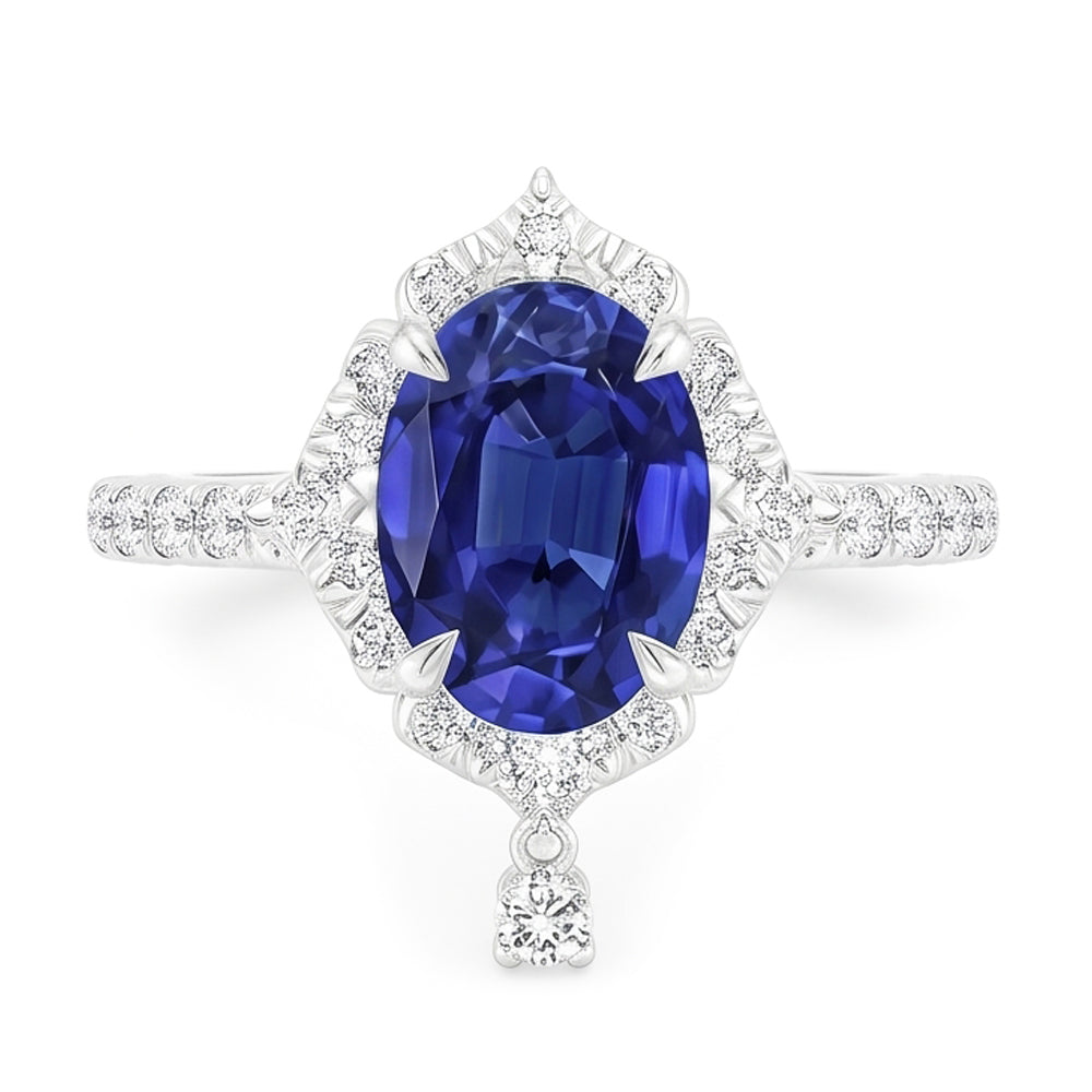 Anello di fidanzamento con zaffiro di Ceylon Halo taglio ovale 5.50 carati oro bianco