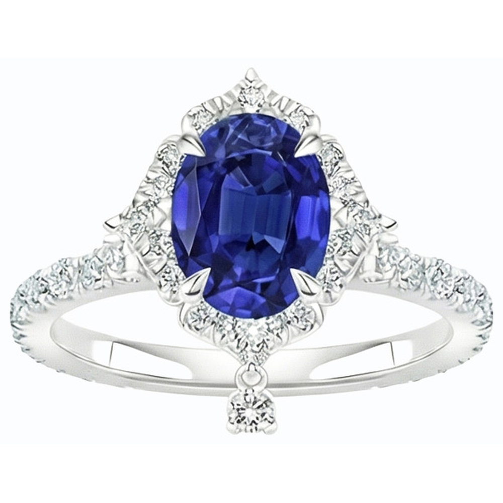 Anello di fidanzamento con zaffiro di Ceylon Halo taglio ovale 5.50 carati oro bianco