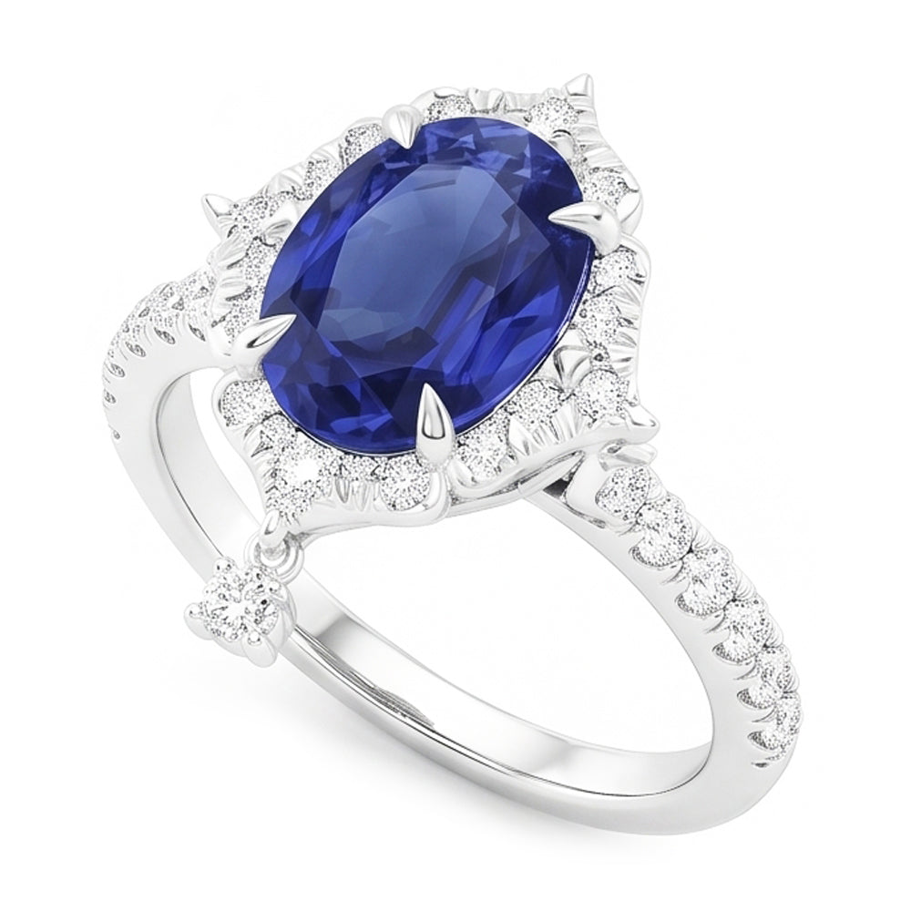 Anello di fidanzamento con zaffiro di Ceylon Halo taglio ovale 5.50 carati oro bianco